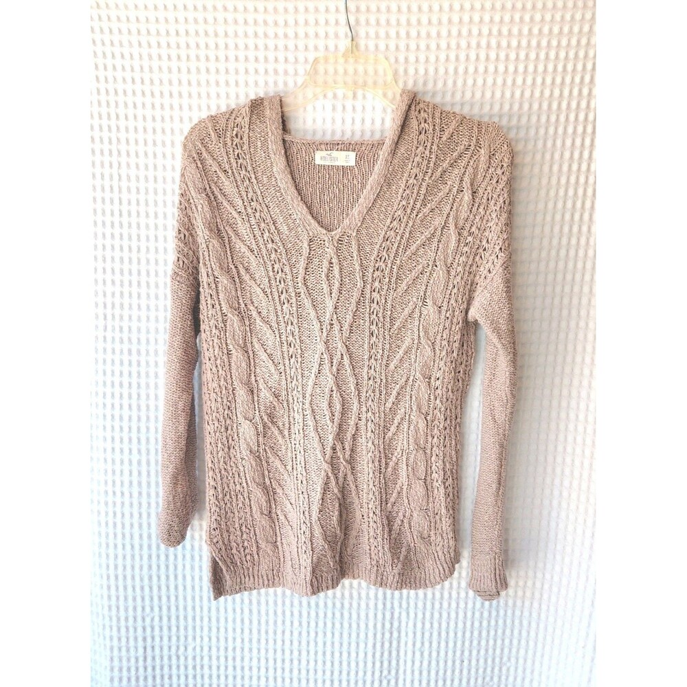 Hollister Women's Cable Knit V-Neck Sweater Beige/Taupe Size XS Long Sleeve
